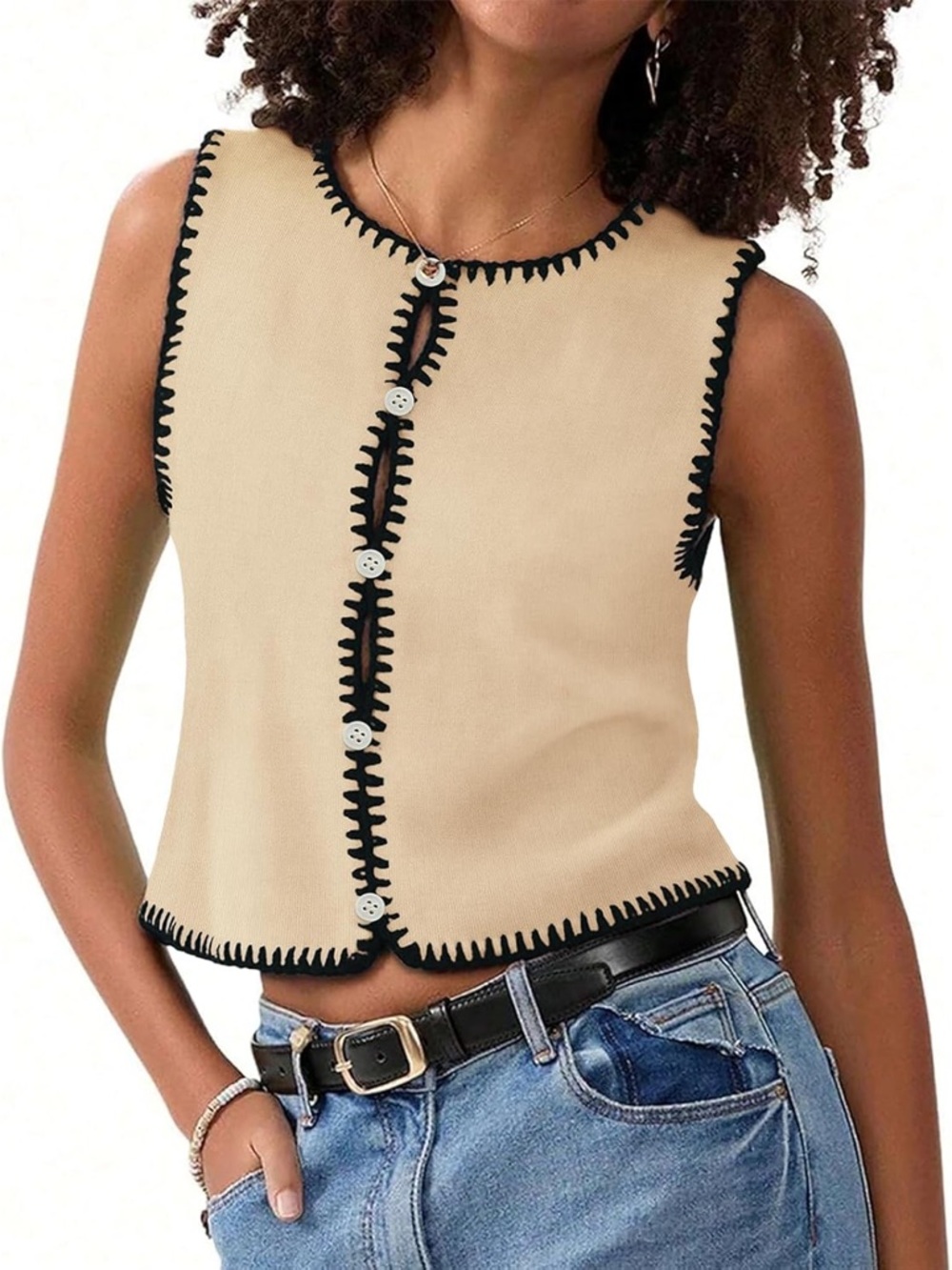 NWT- Sleeveless Beige Button-Front Tank with Black Trim XXL